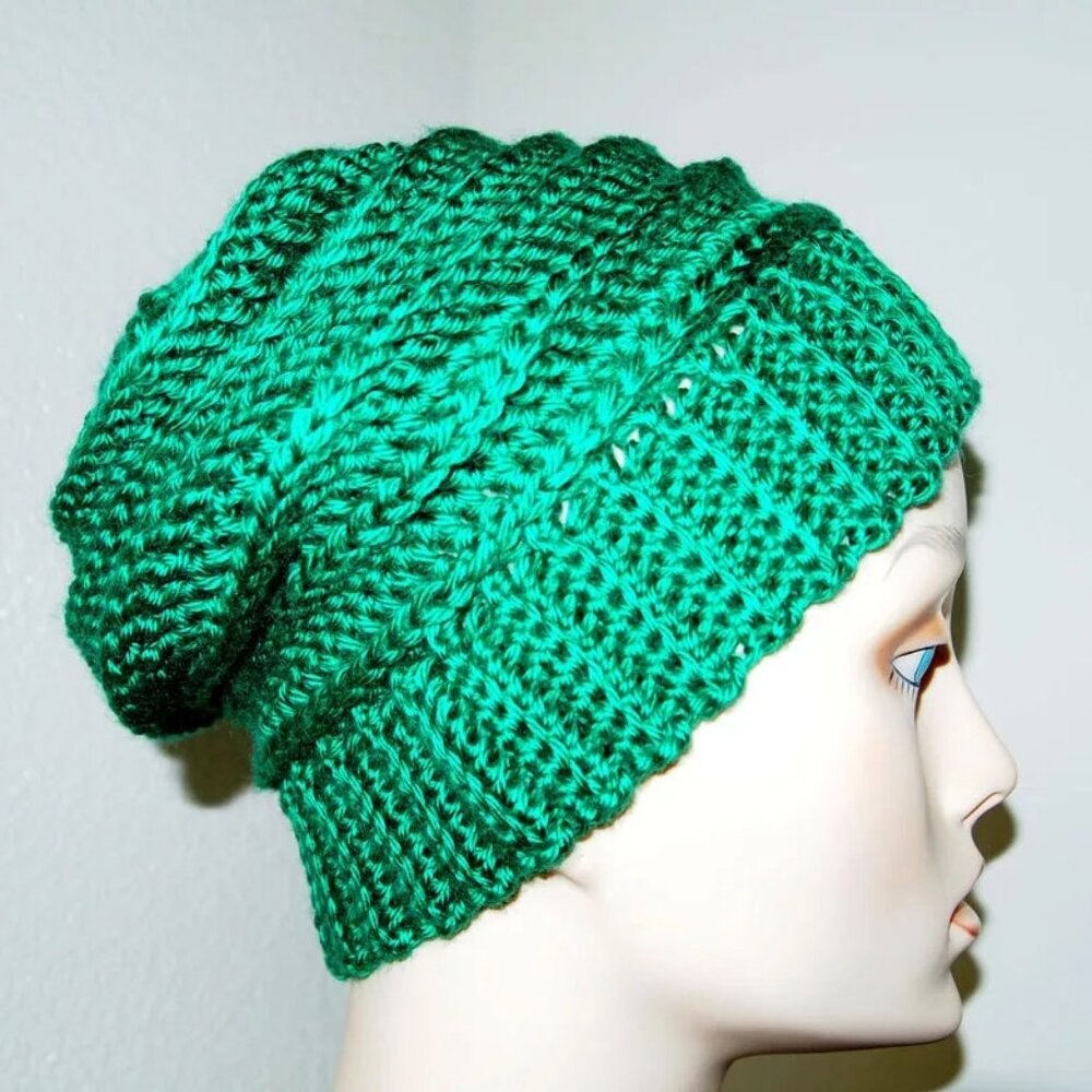 Handmade Womens Green Crochet Beanie Thick Textured Bright Hat Up Kush 1